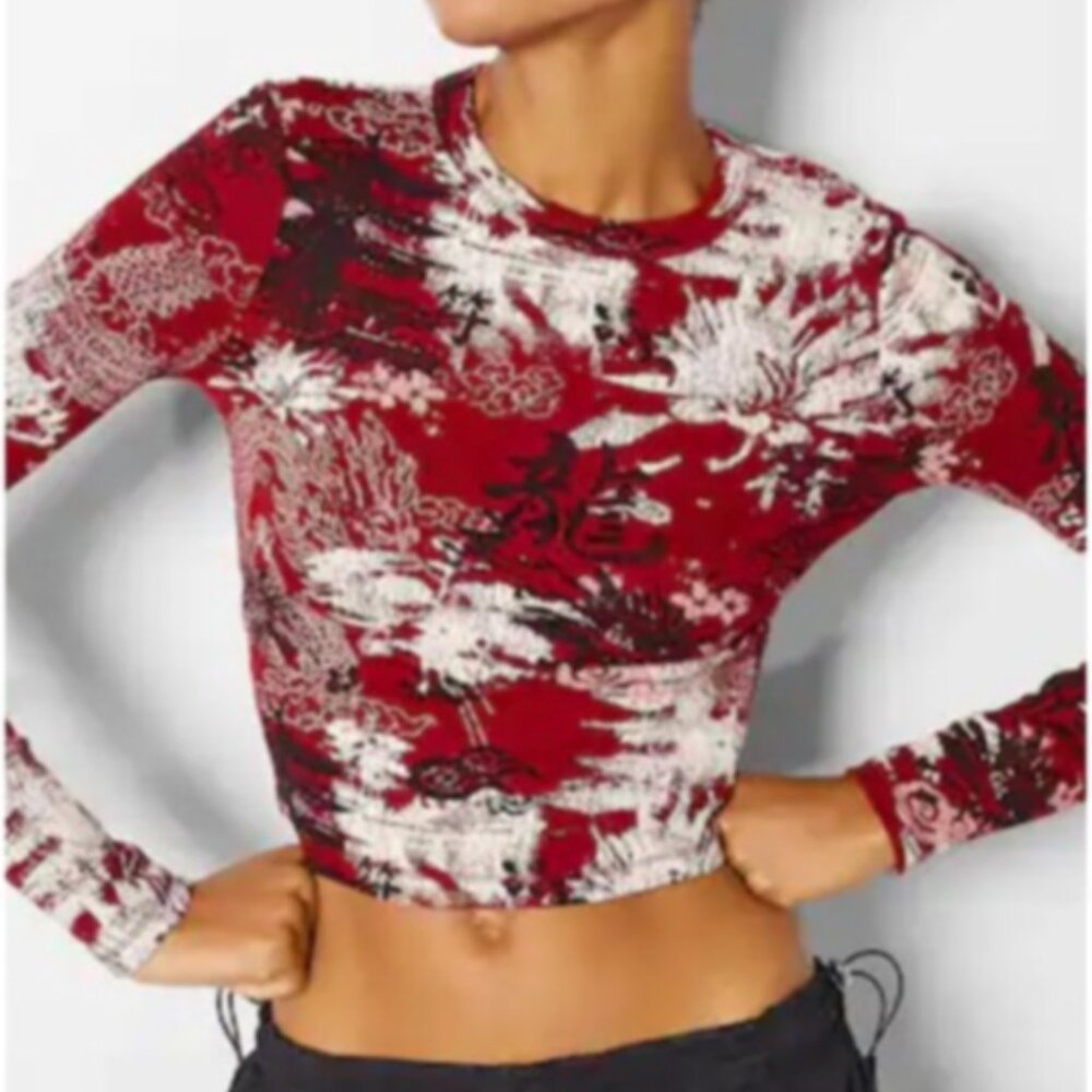 Red Pattern Long Sleeve Asian Style Design top